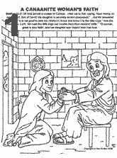 Bible coloring depicting Canaanite or Syrophoenician Woman's faith for daughter being healed by Jesus.