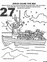 Bible coloring depicting Jesus calming the sea saying peace, be still.