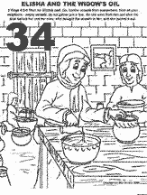 Bible coloring depicting the Widow and her sons that Elisha told to fill water pots with oil.