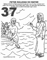 Bible coloring depicting Peter walking on the water to Jesus.