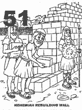 Bible coloring depicting Nehemiah rebuilding the wall around Jerusalem.