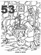 Bible coloring depicting Jesus born in a manger.