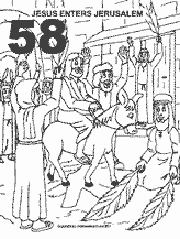 Bible coloring depicting Jesus entering Jerusalem riding a donkey.