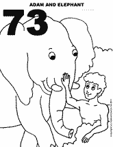 Bible coloring depicting Adam petting an elephant.