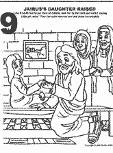 Bible coloring depicting Jesus and Jairus's Daughter being raised from the dead.