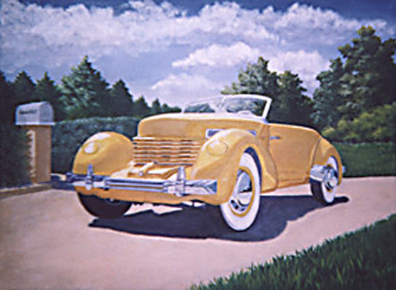 A painting depicting a 1937 Cord Phaeton sitting on a driveway.