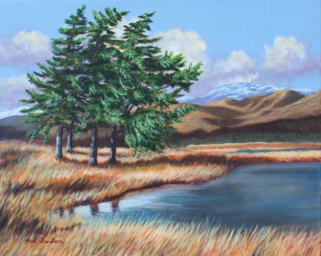 A painting depicting four green pines next to a small lake in a dry grassy meadow in autumn with snowy mountains in the background.