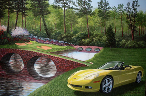 A painting depicting a yellow Corvette sitting by the 12th Hole of Augusta Golf Course.