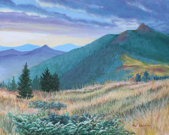 A painting depicting a dry grassy meadow foreground with mountain full of trees and purple and light blue background mountains.