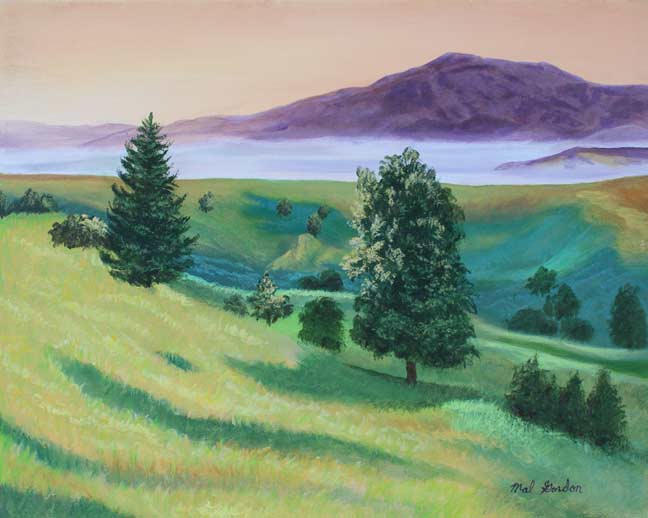 A painting depicting green sunlit hills and trees in the foreground with a purple cast on the background mountain.