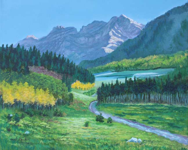 A painting depicting a mountain and valley in Kashmir, India done in an impressionistic style.