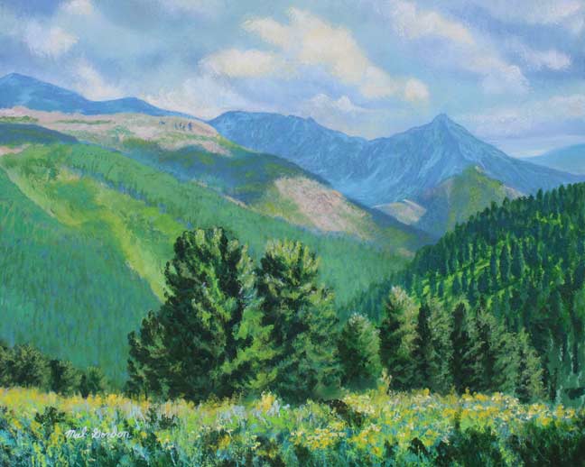 A painting depicting twelve cedar trees on a foreground mountain looking out toward a distant mountain range painted in muted purple and blue.