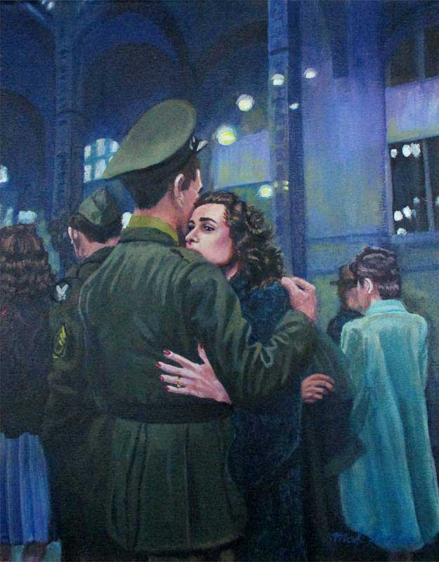 A painting depicting a couple in World War 2 saying goodbye in Grand central Station.