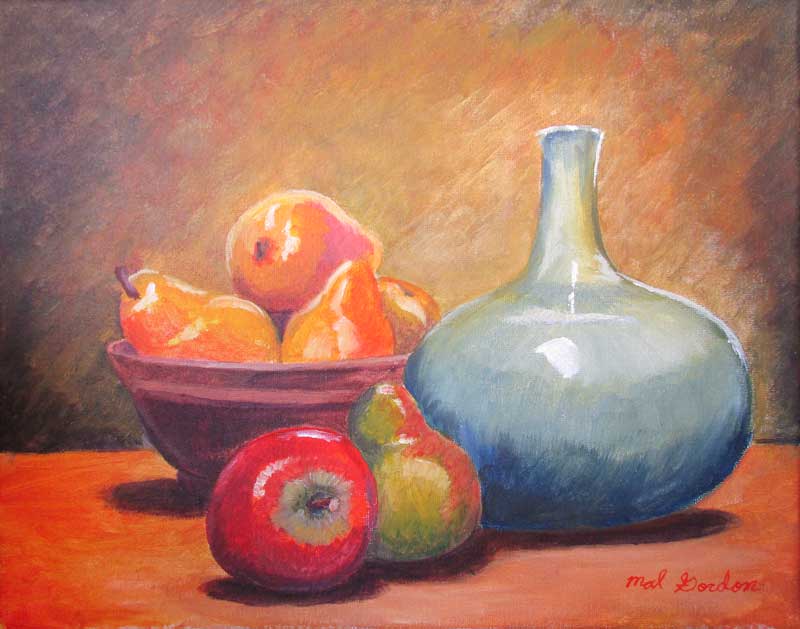 A painting depicting a still life of a traditional fruit and ceramic subject matter painted in a impressionistic manner.