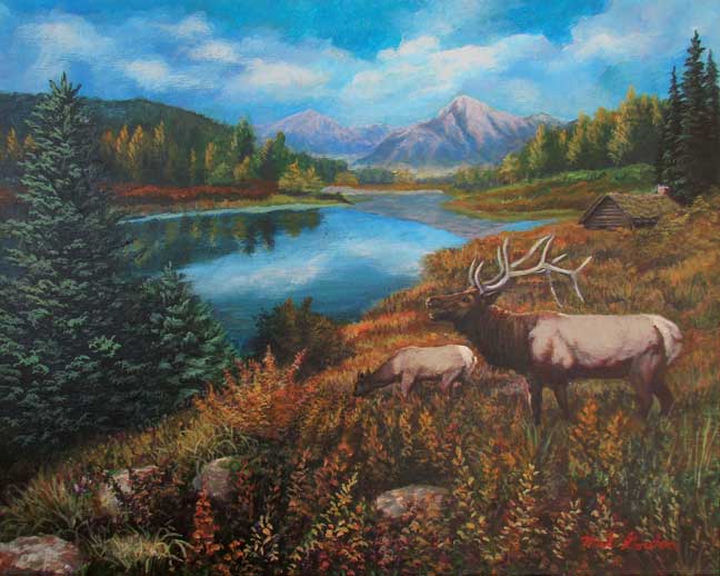 A painting depicting two elk by a lake with fall foliage and mountain in background.