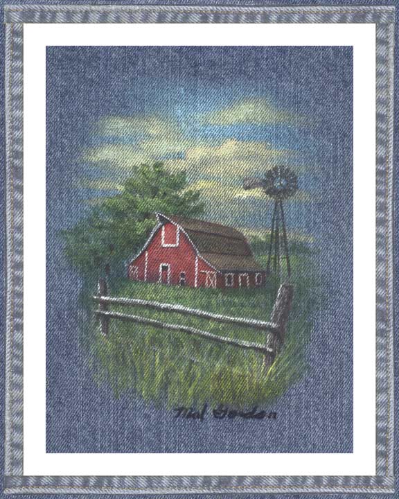 Barn On On denim wall decor with partial fence in a country motif. A beautiful printed denim wall art piece surrounded in a denim border.