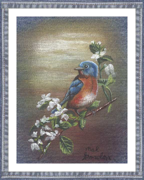 Bluebird On denim wall decor with blossoming blackberry cane flowers in a country motif. A beautiful printed denim wall art piece surrounded in a denim border.