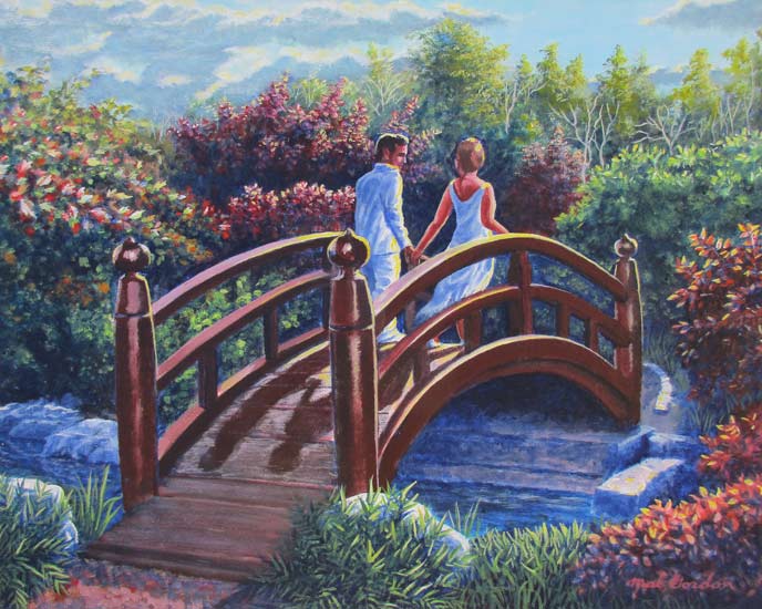 A painting depicting lovers on a bridge against dramatic light and a background and foreground of trees and flowers.