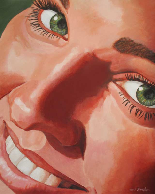 A painting depicting a young woman's face up close.