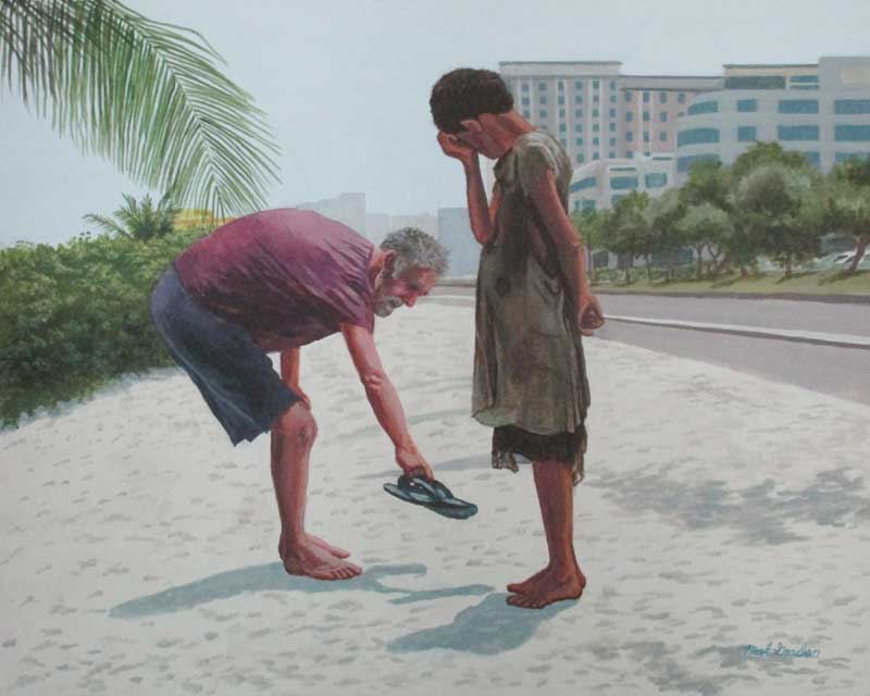 A painting depicting a person in a foreign country taking off his own sandals to give to a young woman who is barefooted.