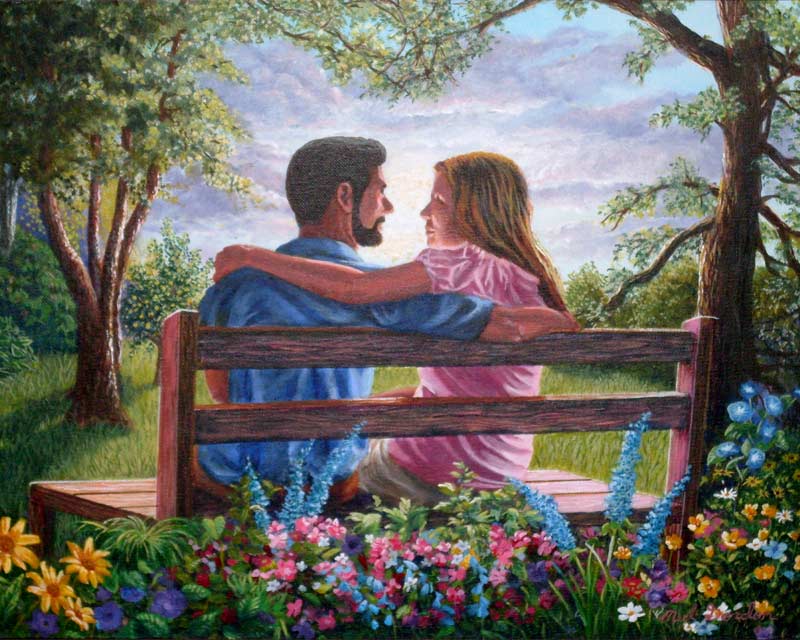 A painting depicting a  young couple sitting on a bench.