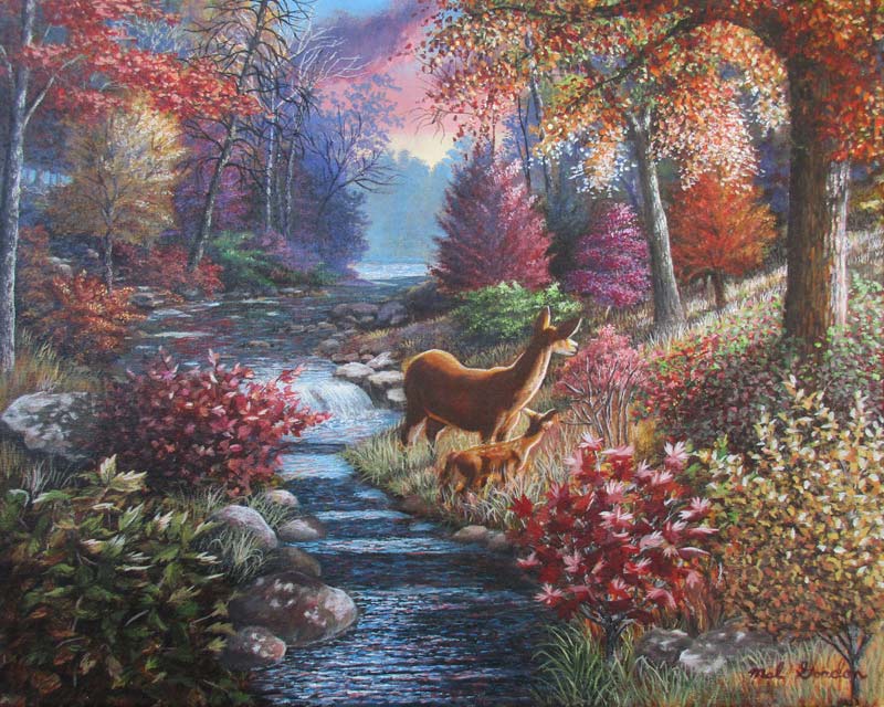 A painting depicting a doe and fawn in the fall out in the woods looking toward the morning light.