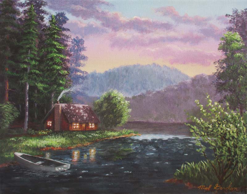 A painting depicting Ozark cabin by the lake at sundown.