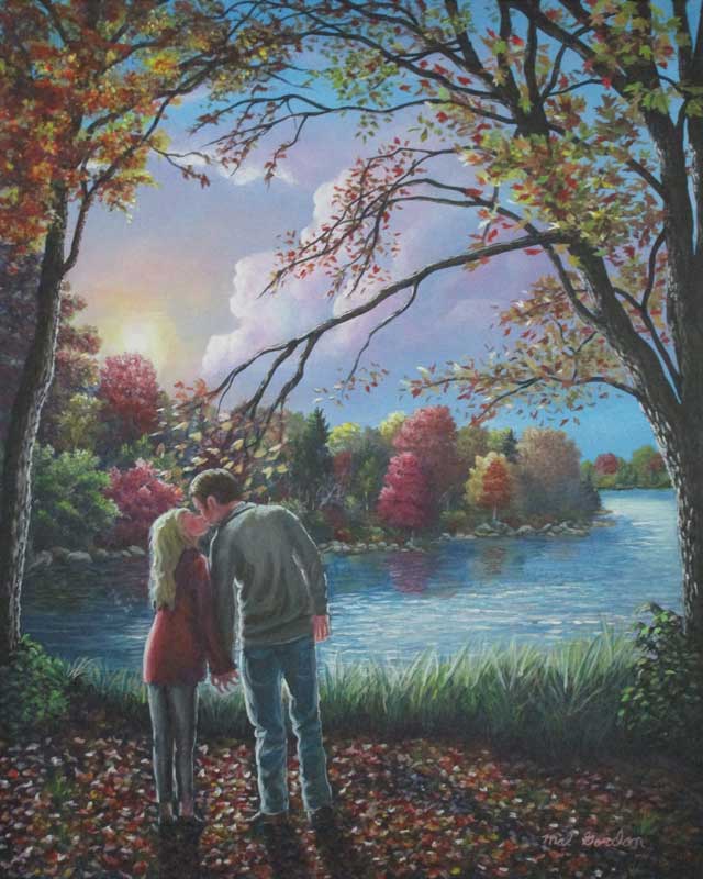 A painting depicting a young man and woman at a lake in the Fall kissing beneath the trees.