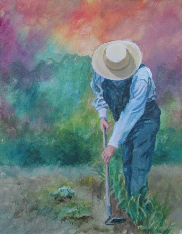 A painting depicting a farmer in overalls hoeing plants in a garden.