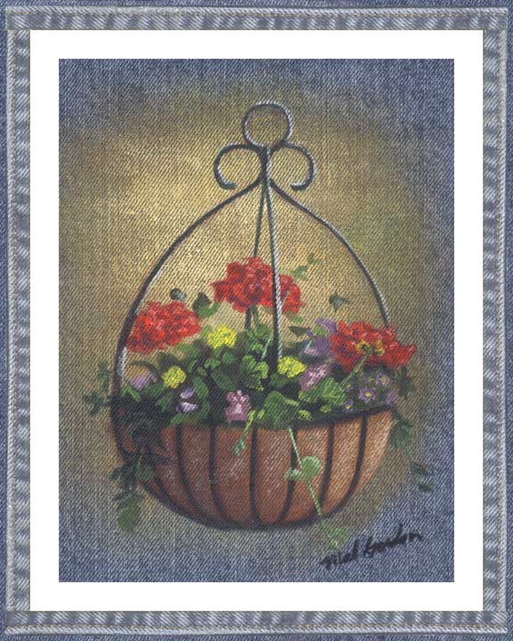 Hanging Flowers denim wall decor in a country motif. A beautiful printed denim wall art piece surrounded in a denim border.