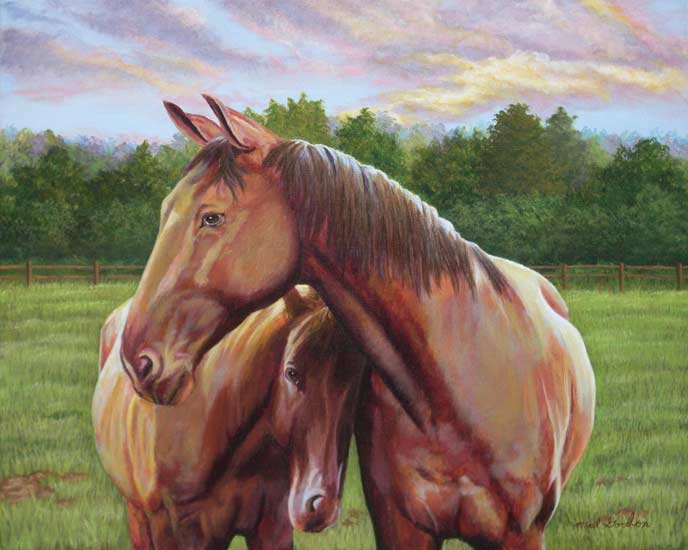 A painting depicting a horse and colt close to one another in a field.