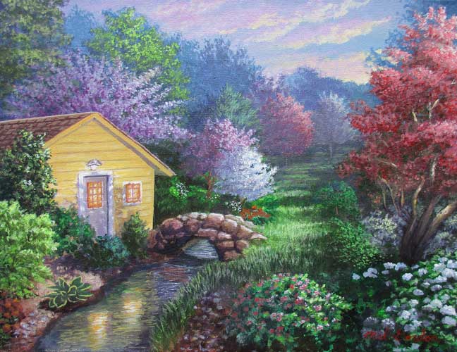 A painting depicting a house and backyard garden at sunset with a beautiful colorful Spring foliage background.