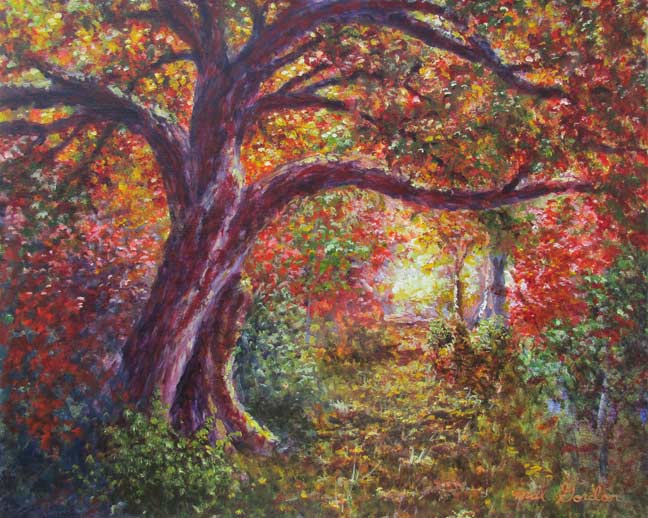 A painting depicting a impressionistic tree with fall leaves in a wooded area. 