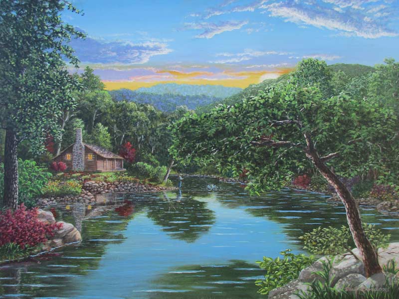 A painting depicting a Ozark Mountain stream with a fisherman and cabin in the background using dramatic lighting.