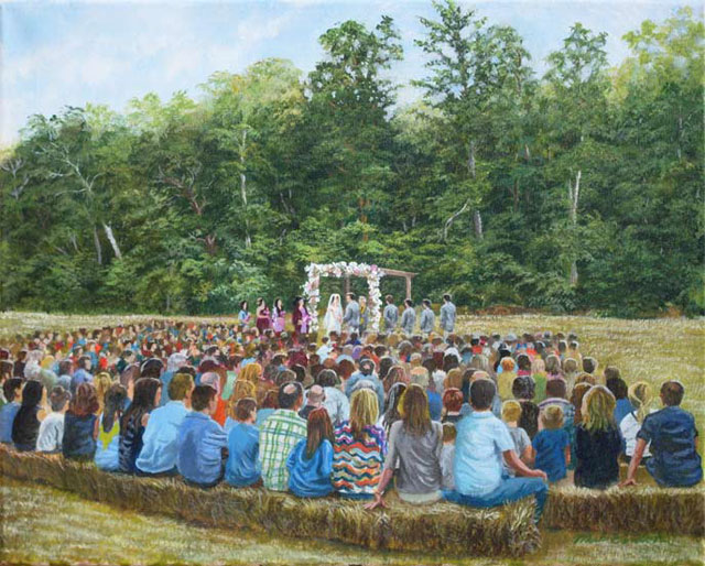 A painting of a couple being married standing in a cleared field in the Branson, Missouri area. 