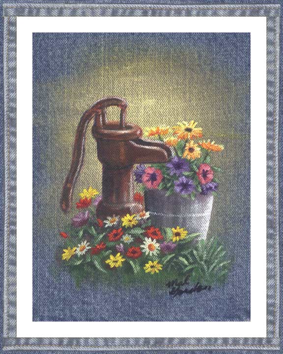 Pump On denim wall decor with flowers in a country motif. A beautiful printed denim wall art piece surrounded in a denim border.