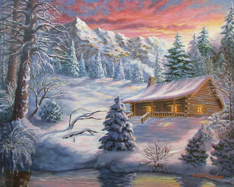 A painting depicting a snow covered cabin at sunset in a mountain setting.