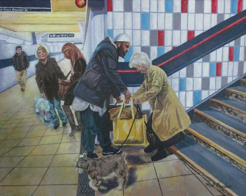A painting depicting a fellow subway passenger helping out an elderly lady by holding her bag.