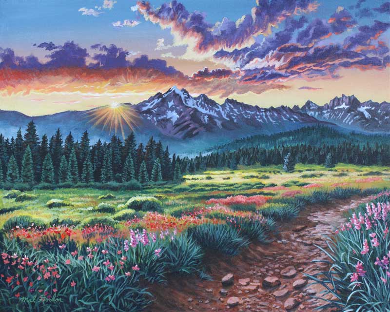 A painting depicting a beautiful sunset and clouds against a distant rugged mountain with red flowers and grass in the foreground by a rocky ditch.