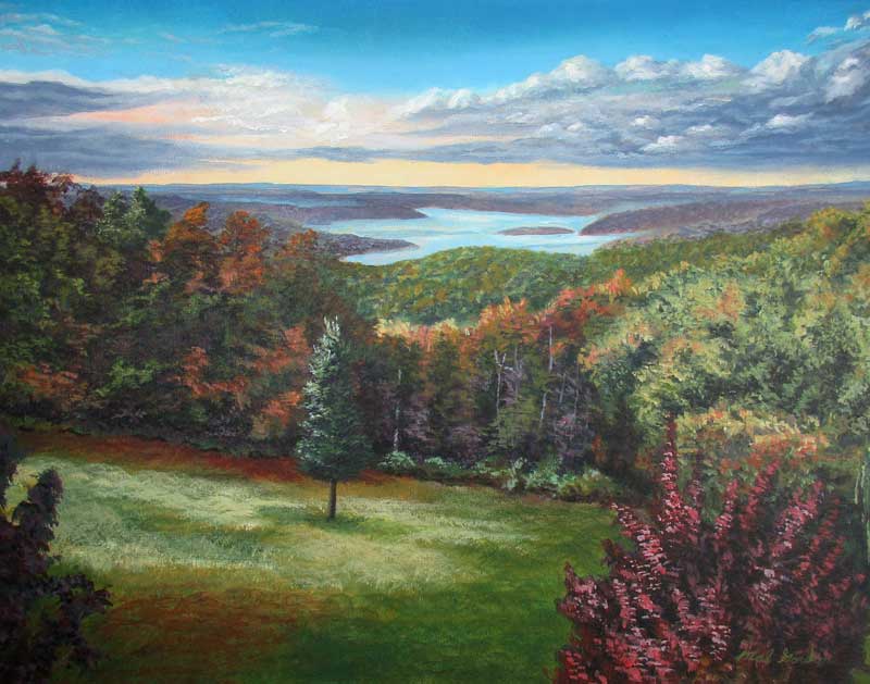 A painting depicting a tree in a clearing set in the Ozark Hills with Table Rock Lake in the background.