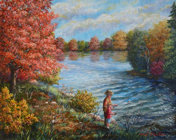 A painting depicting a Grandfather teaching his young grandson to fish from a lake in Missouri against a fall background of trees.