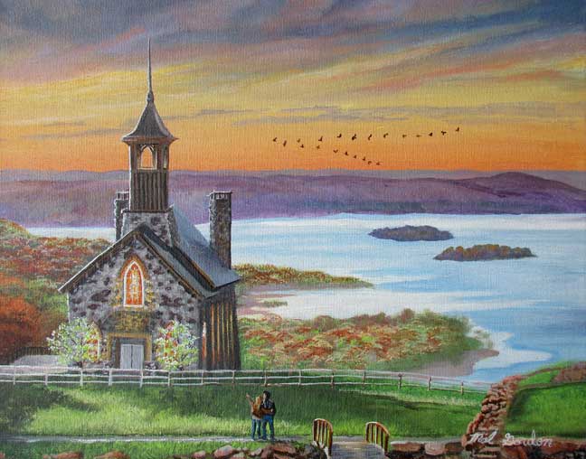 A painting depicting a scene of a couple looking at the Top Of The Rock Chapel in Branson, MO about future marriage.