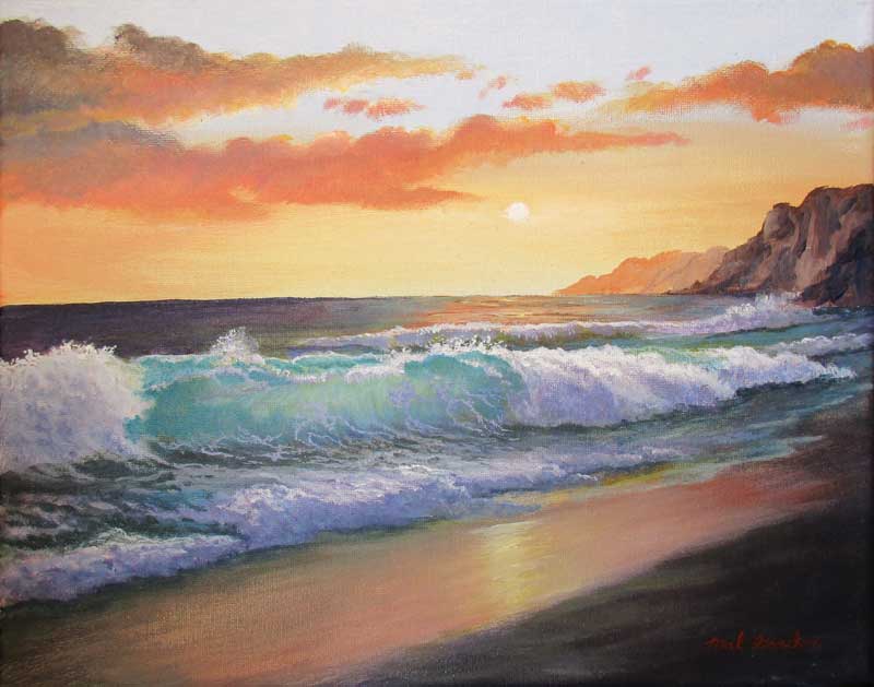 A painting depicting an ocean wave at sunset hitting the shore on a deserted beach.