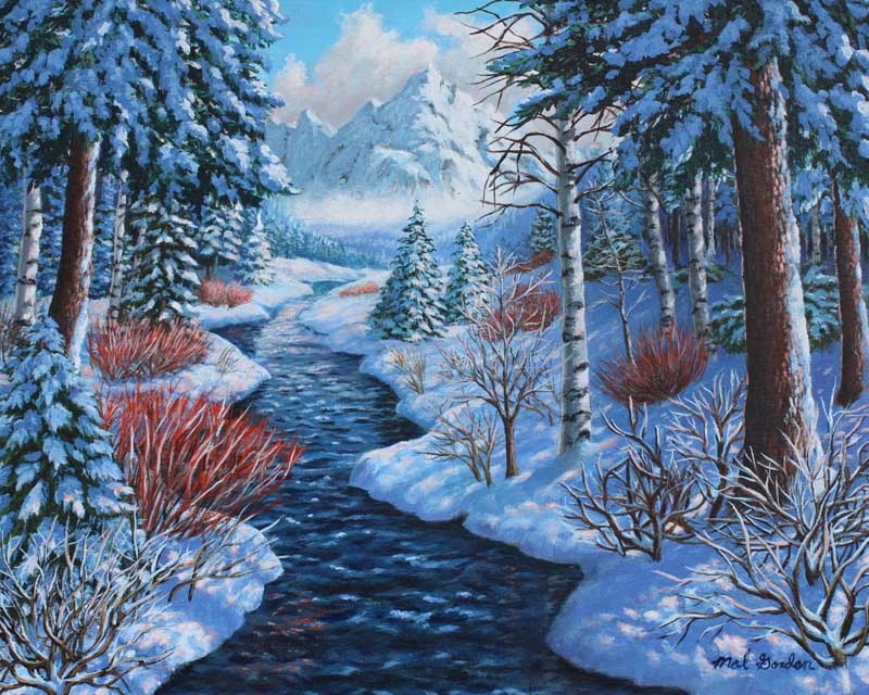 A painting depicting a snowy mountain in the background with a moving stream winding through a snow covered evergreen forest.