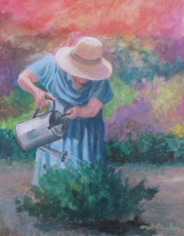 A painting depicting a woman farmer watering plants with a watering can.