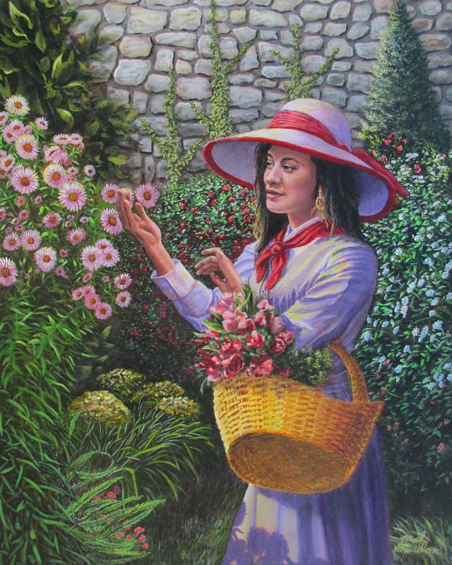 A painting depicting a  Latin woman in purple picking flowers in a garden behing a stone wall.