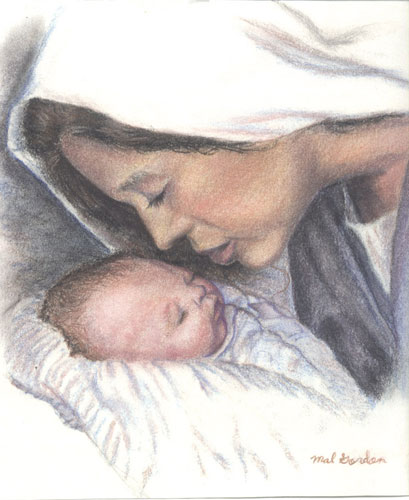 Mary and Jesus art done in colored pencils on paper. 